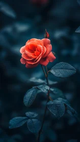 Crimson Rose Blooms Against Dark Teal Background.