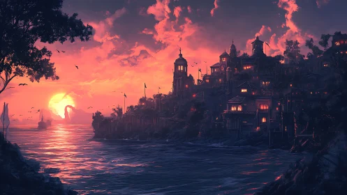 Sunset over glowing cliffside fantasy harbor city.