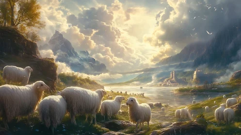 Sunlit sheep graze beside river under vast stormlit mountains