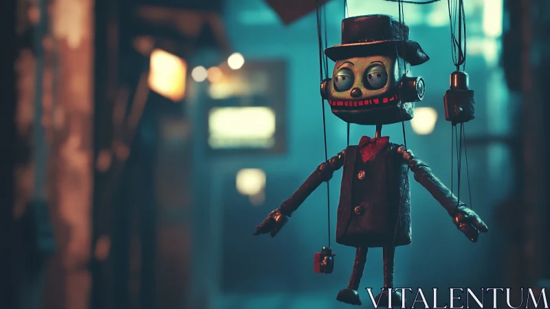 Wind-up marionette robot drifts through neon alleyway night.