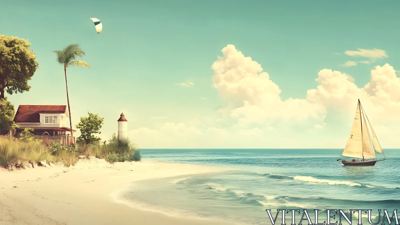 Sunny sailboat drifting past a cozy lighthouse shore.