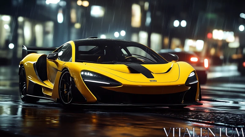 Yellow hypercar stands on wet city street under rain