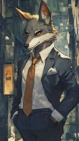 Anthropomorphic wolf executive rendered in angular urban noir