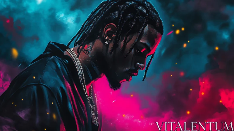 Moody neon portrait of a reflective musician in glowing color.