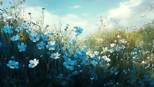 Blue and white wildflowers dancing in a serene summer meadow.