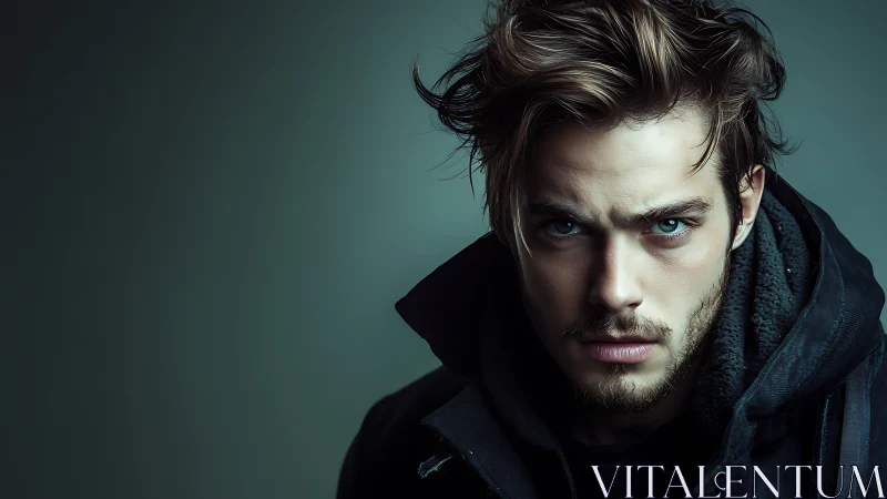 Storm-eyed stranger framed in teal-shadowed quiet.