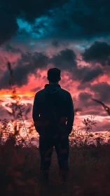 Silhouetted figure against cinematic dusk sky composition.