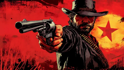 Gunslinger portrait in red high-contrast digital painting.