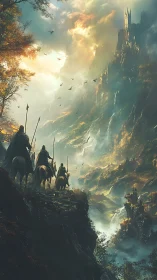 Epic fantasy riders approaching citadel on misted cliff face.
