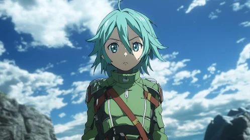 Calm blue haired adventurer under a bright open sky.