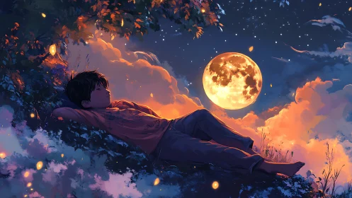 Moonlit hillside dreamscape with resting child under stars.
