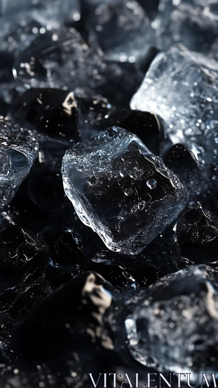 Ice cubes rest on dark wet surface under strong lighting