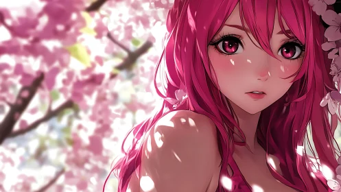 Pink haired anime girl under soft cherry blossom light.