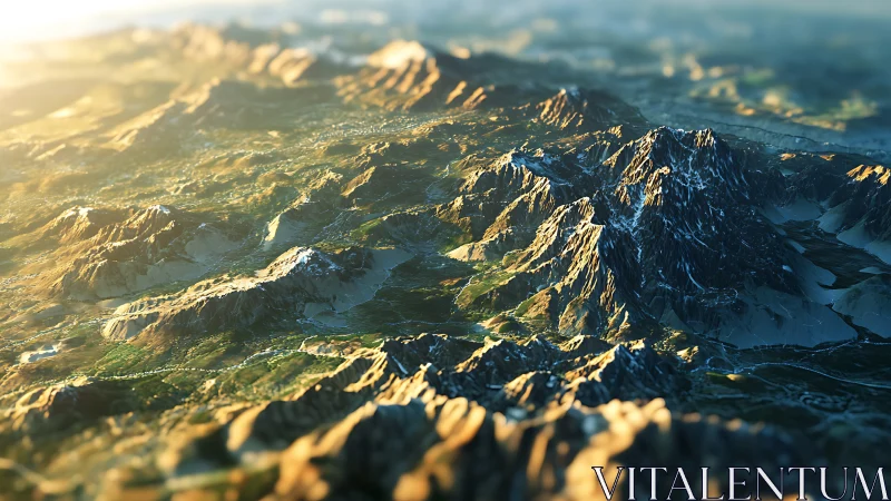 Sunlit digital mountain range in sweeping aerial perspective.