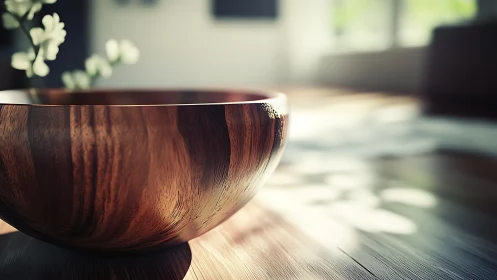 Warm sunlight glows across a handcrafted wooden bowl