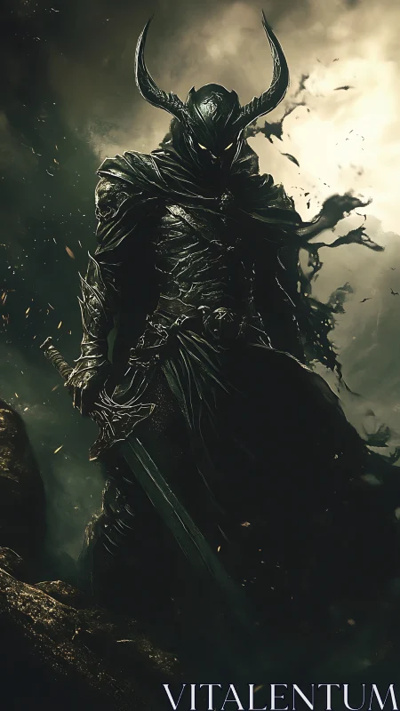 Shadowed dark knight standing guard in swirling mist.