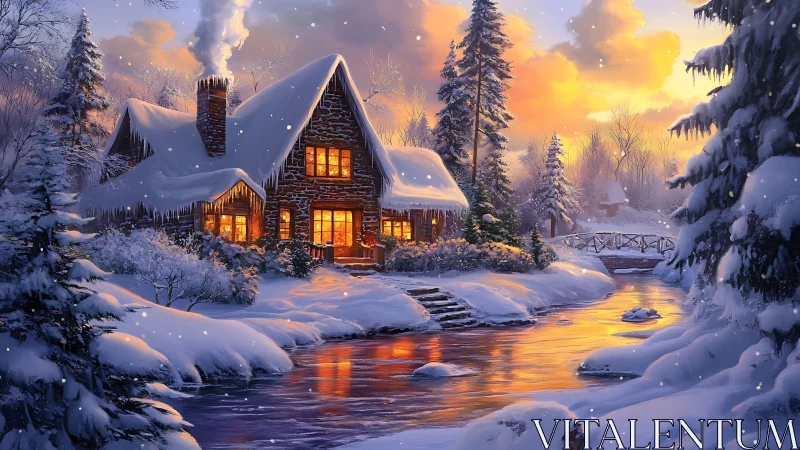 Snowy riverside cabin glows warmly under a tranquil sunset