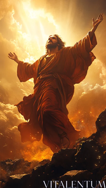 Radiant robed figure rising through blazing golden sky.