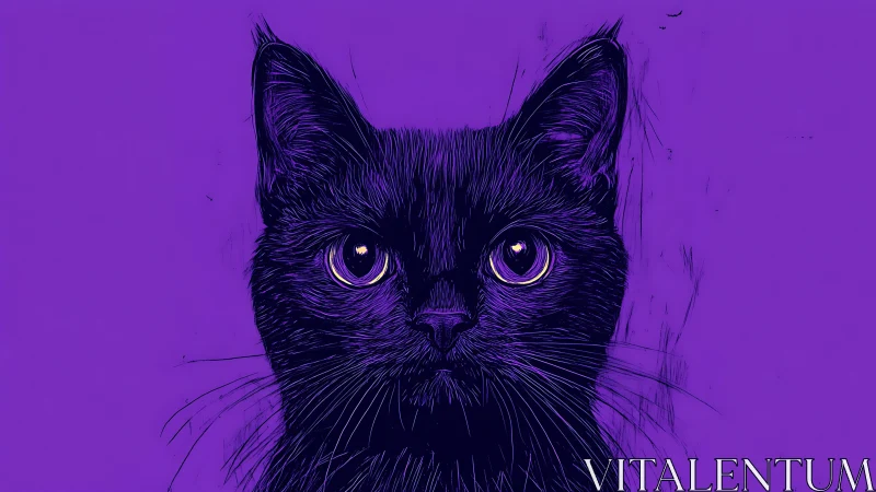 Black Cat's Hypnotic Gaze Pierces Through Violet Dreamscape
