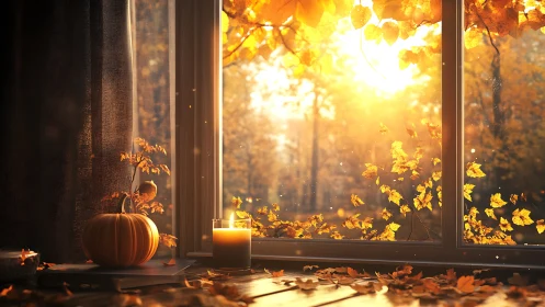 Backlit autumn window scene with pumpkin, candle and dust motes