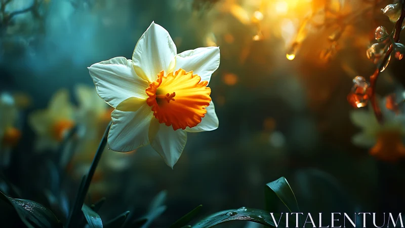 Daffodil's Golden Heart Glows in Ethereal Garden Light.