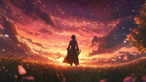Wandering swordsman bathed in a glowing, hopeful sunset sky.
