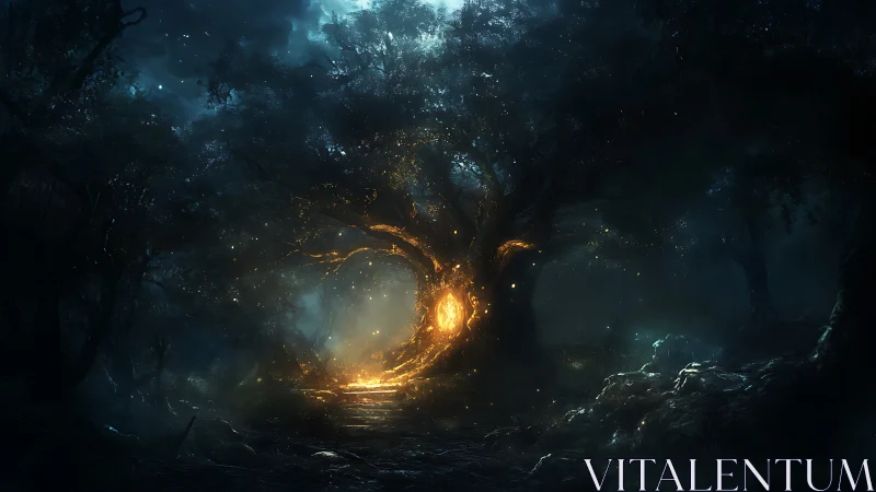 Glowing portal within ancient tree in dark fantasy forest.