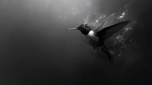 Monochrome hummingbird in partial profile against dark field.