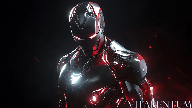 Chrome-armored cyber warrior under red neon rim light.