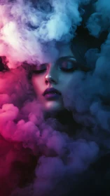Female face partially obscured by colored smoke clouds.