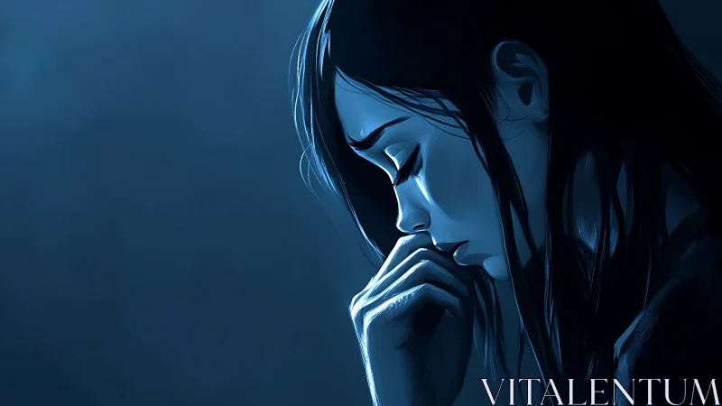 Melancholic woman in blue light pauses in quiet reflection