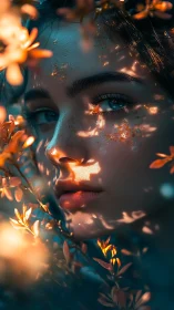 Portrait bathed in floral light and shimmering skin glow.