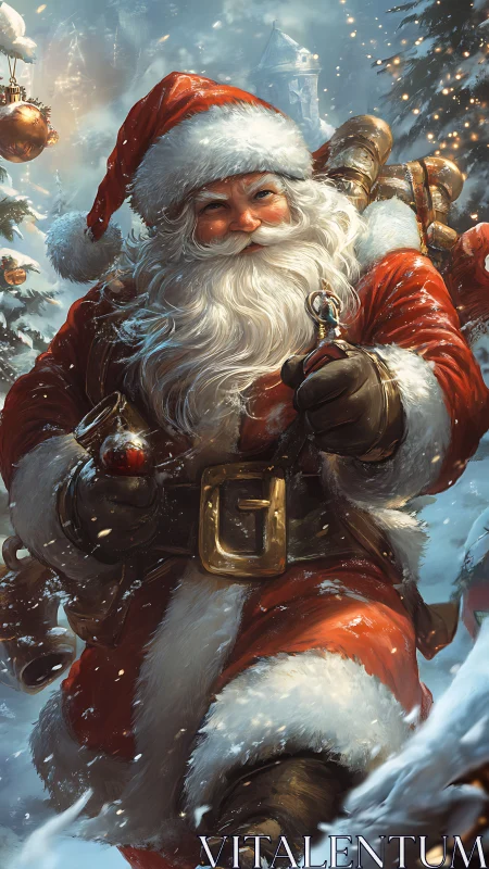 Santa Claus walks through snowy forest carrying gifts