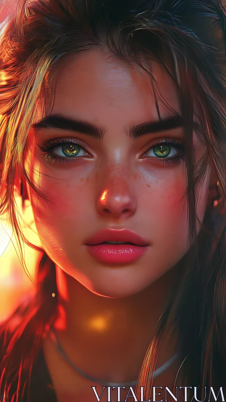 Sunlit portrait of a freckled girl with luminous green eyes.