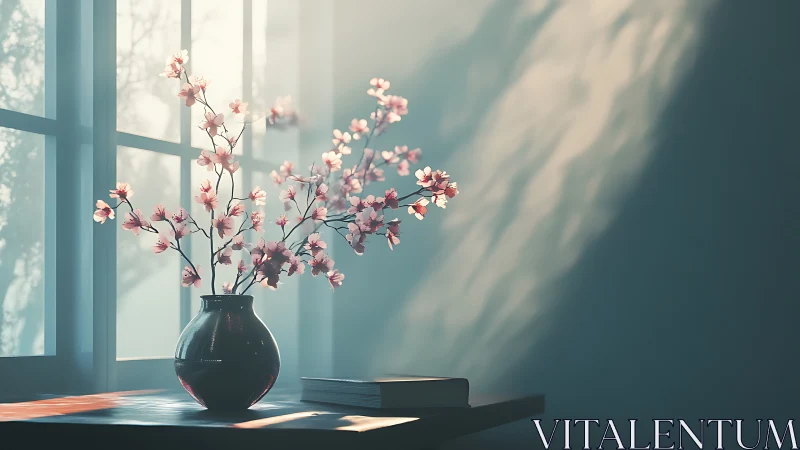 Cherry blossoms in vase on sunlit table by window.