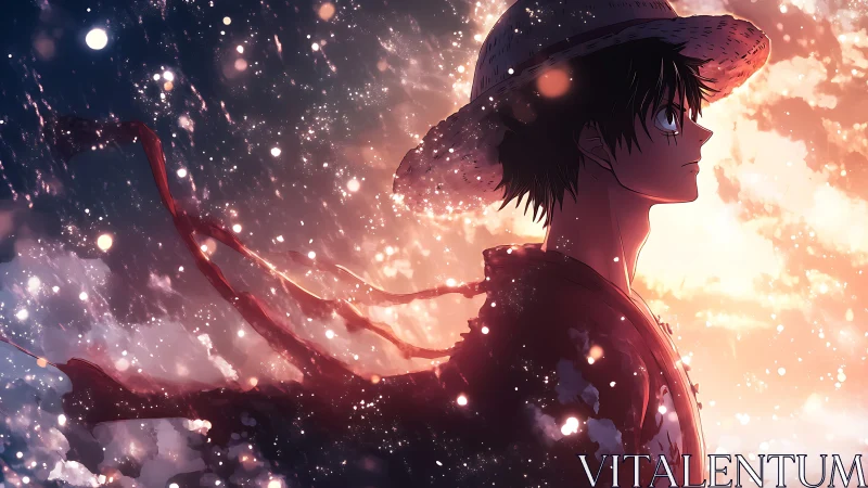 Straw hat hero silhouettes against blazing sunset storm