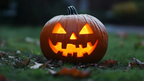 Glowing jack-o-lantern on lawn at dusk with carved grin.