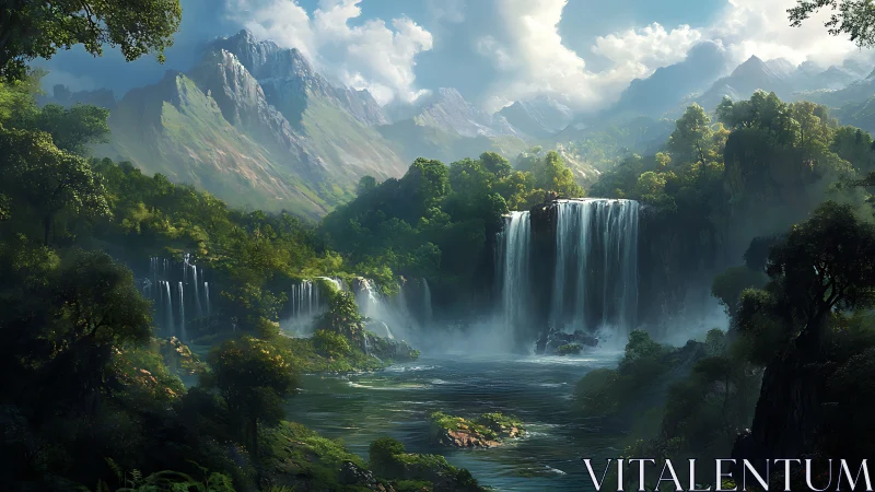 Mountain valley waterfalls with dense forest and river.