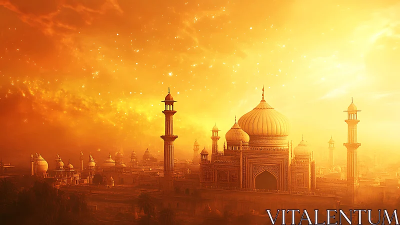 Golden celestial palace rising through a burning evening sky.