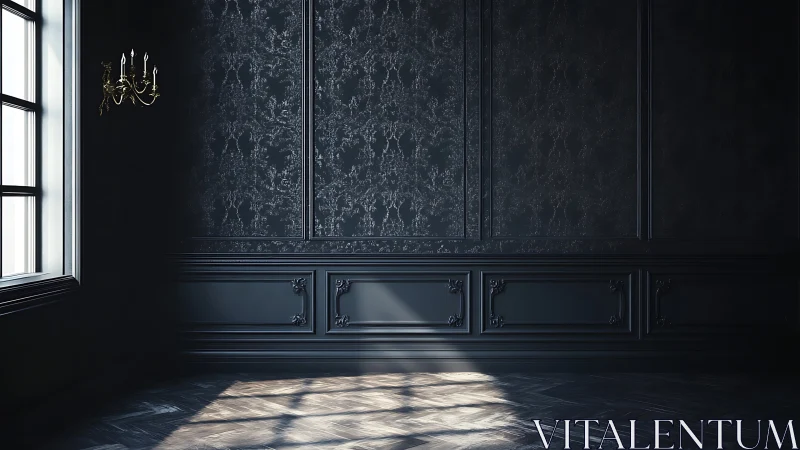 Dark neoclassical interior with window light and ornate panels