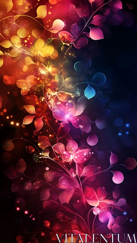 Luminous floral vines curve through radiant abstract bokeh field