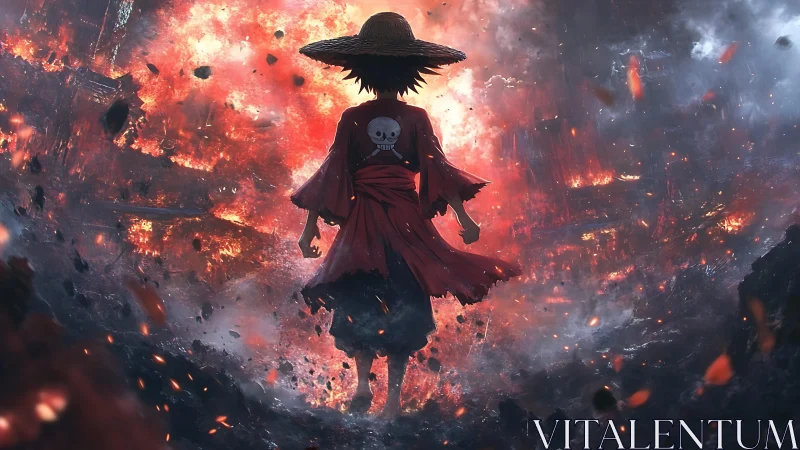 Straw hat anime figure walks toward large burning explosion
