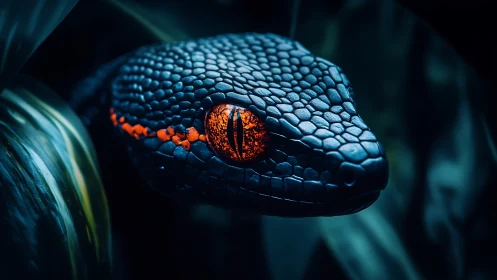 Venomous serpent glows with fiery eye in shadowed jungle