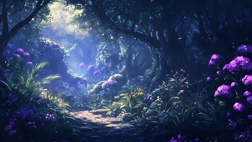 Subterranean cavern with luminescent vegetation and atmospheric light.