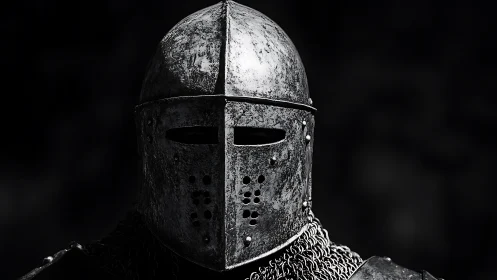 Medieval steel helmet close-up in stark dramatic lighting.