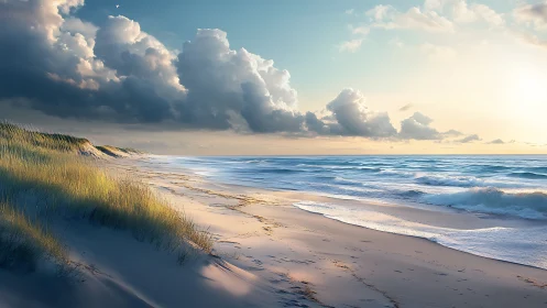 Sunlit coastal shoreline with dunes, waves and cloud cover