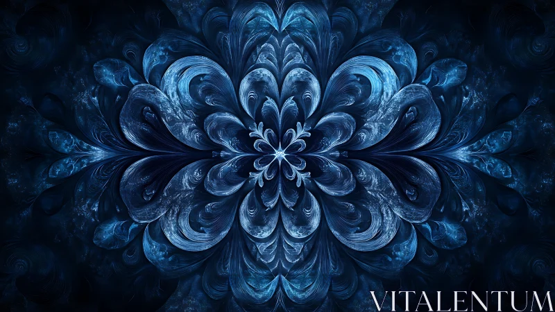 Fractal blue floral mandala with luminous swirling petals.