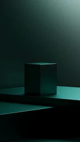 Minimalist emerald cube on tiered geometric plinths.