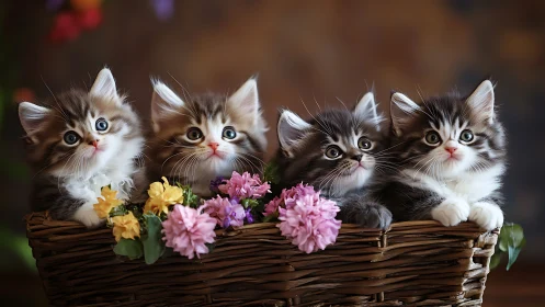Fluffy Kittens in Wooden Basket with Spring Flowers.