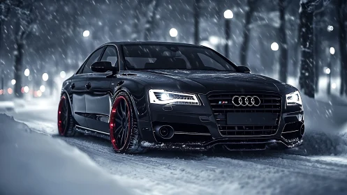 Photorealistic black sedan in cinematic snowy night street scene.